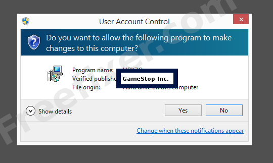 Screenshot where GameStop Inc. appears as the verified publisher in the UAC dialog
